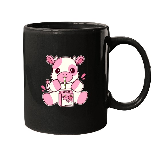 Cow Pet Aesthetic Kawaii Strawberry Cow Drinking Strawberry Milk Mugs