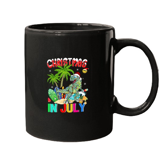 Dinosaur Pet TRex in Santa Hat Sunglasses Christmas In July Mugs