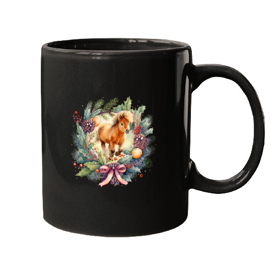 Christmas wreath design with Holly bow Shetland pony Mugs