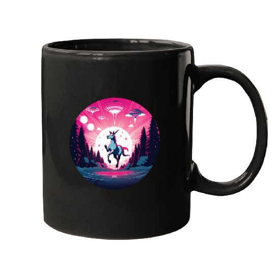 Unicorn Pet round midnight sunset with ufo alien abduction Mugs