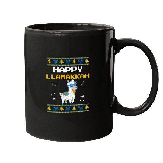 Llama Pet Funny Hanukkah Llama Pun Happy Llamakkah Jewish Ugly Sweater Mugs