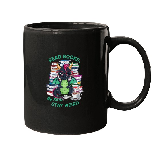 Book Fun Funny Dragon Read Books Be Kind Stay Weird Book Lover 2 Mugs