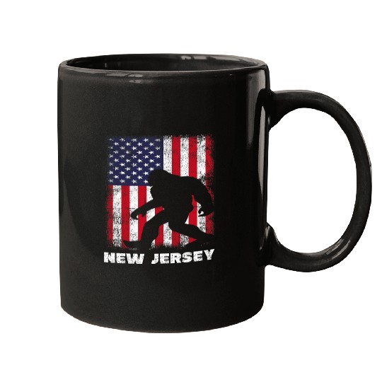Bigfoot Pet Retro Sasquatch New Jersey USA Flag BigFoot Hiking Camping Mugs