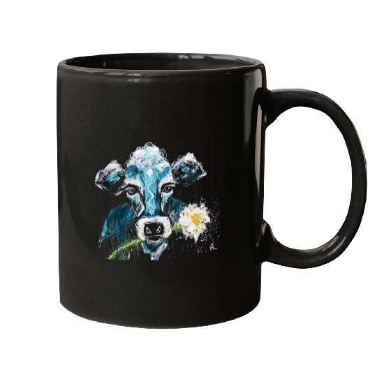 Cow Pet Face Boho Painting Farmhouse Floral Farm Girl Blue Black Mugs