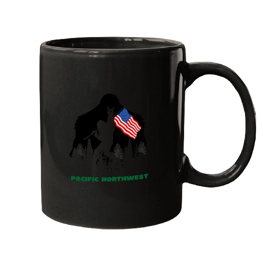 Bigfoot Pet Retro Sasquatch Pacific Northwest USA Flag BigFoot Camping Mugs