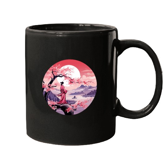 Mount Fuji Cherry Blossoms Geisha Japanese Garden Japan Mugs