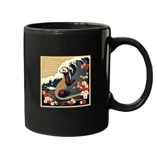 Ferret Pet Surrealism Japanese Painting Weasel 1 Mugs