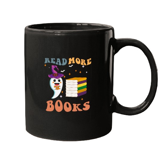 Book Fun Retro Groovy Read More Books ghosts Boo ghoul funny Halloween 2 Mugs