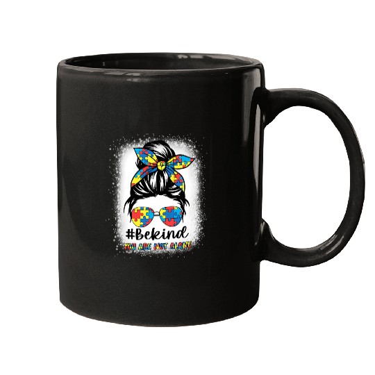 Autism Puzzle Be Kind Autism Awareness Messy Bun Girl Mom Autism Teacher Mugs