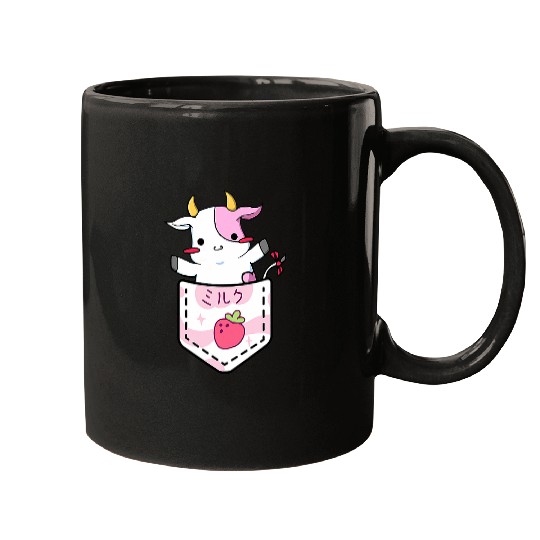 Cow Pet Cute Strawberry Cow Adorable Pink Cow Pocket Japanese Kawaii Mugs
