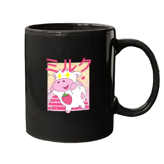 Cow Pet Funny Japanese Kawaai Cow Strawberry Milk Shake Retro 90s Mugs