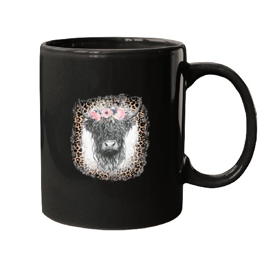 Cow Pet Western COuntry Leopard Highland Cow With Flowers Mugs