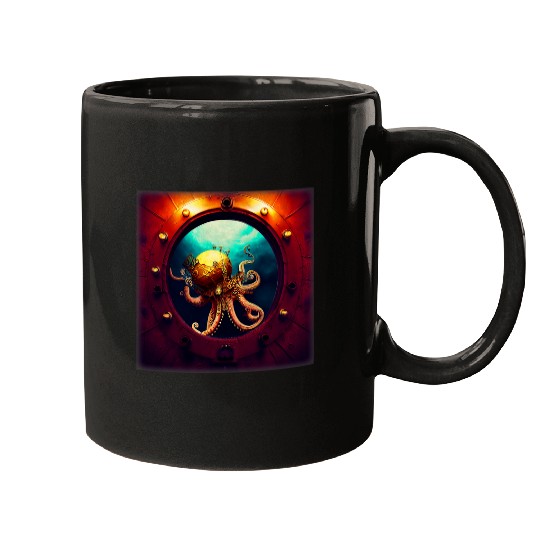 Octopus Pet Arabesque Steampunk Pirate Riding Inside Octopus Submarine Mugs
