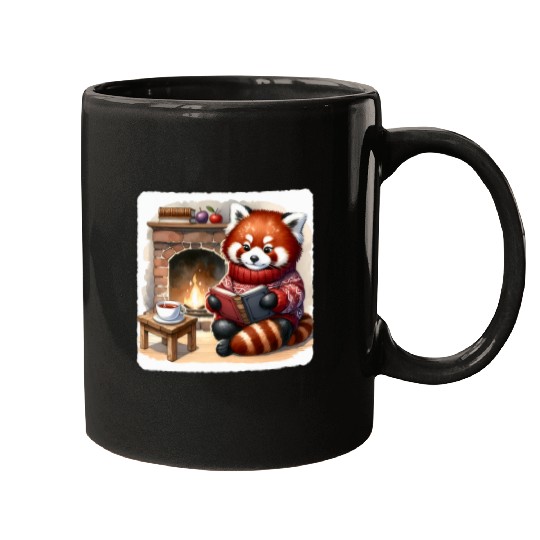 Book Fun Red Panda In Cozy Sweater Reading By Firesplace Book Tea Mugs