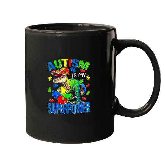 Autism Puzzle Dino T rexs Autism Is My Superpower Autism Awareness Kids Mugs