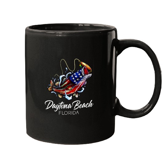 Fishing Fun Daytona Beach Florida American Flag Bass Fish Fishing Mugs