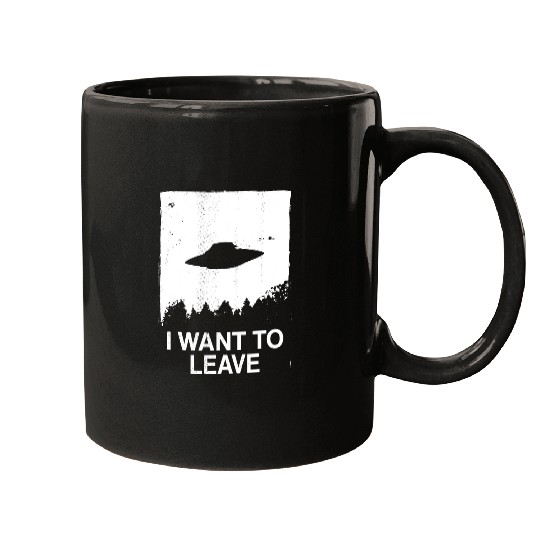 Aliens UFO I Want To Leave Distressed Simple Silhouette Alien UFO Mugs