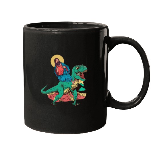 Dinosaur Pet Jesus Christ TRex Dinosaur Ride Christian Religious Faith Mugs