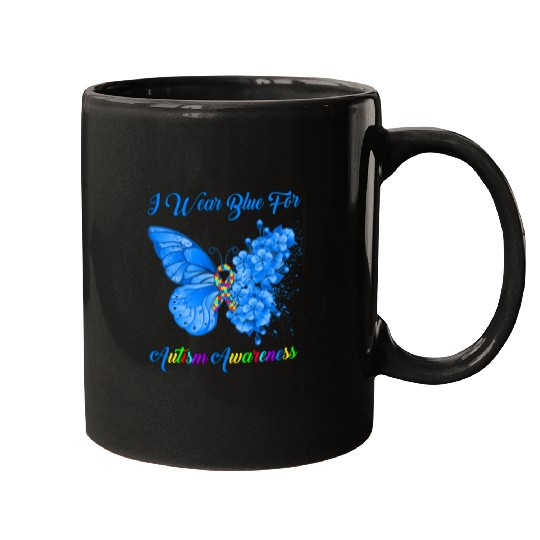 Autism Puzzle Butterfly I Wear Blue For Mugs