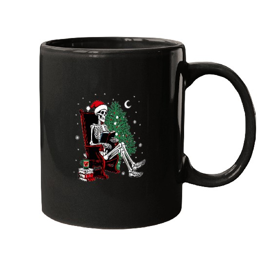 Book Fun Skeletons santa christmas tree reading book book worm Mugs