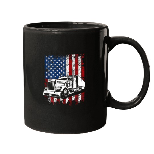 Truck Fun Mens Trucker American Flag Truck Driver Semi Truck ON BACK Mugs