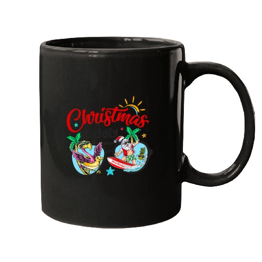 Flamingo Pet Christmas In July Beach Flamingo Santa Surfing Sunglasses Mugs