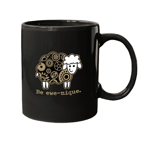 Sheep Pet Be EweNique Steam Punk Gear Industrial Black and Gold Mugs