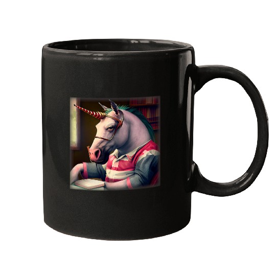 Unicorn Pet Bored Unicorn Sitting On Chair Read Book Mugs