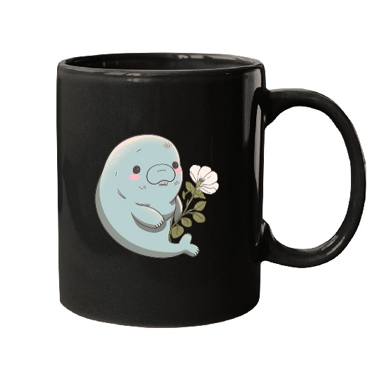 Manatee Pet Blushing Manatee Adorable Light Blue Manatee with a Flower Mugs