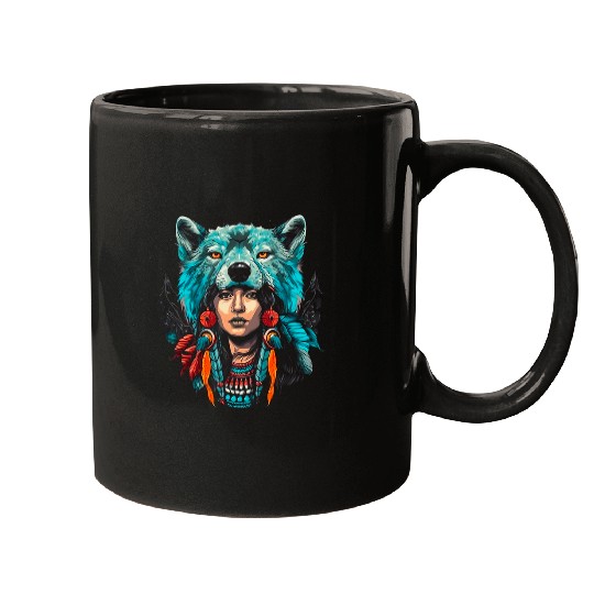 Coyote Mammal Woman wolfs Head Native American Warrior Tradition Mugs