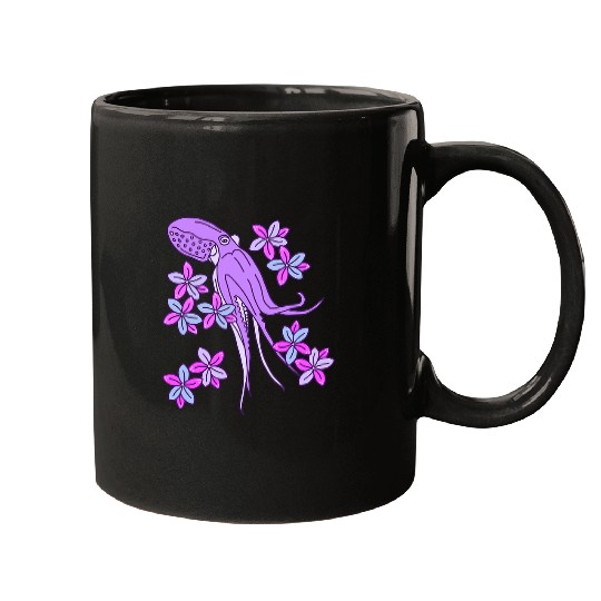 Octopus Pet Exotic Flowers Illustration With Pretty Purple Wild Mugs