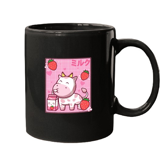 Cow Pet Kawaii Pink Strawberry Cow Milk Shake Otaku Anime Lover Mugs