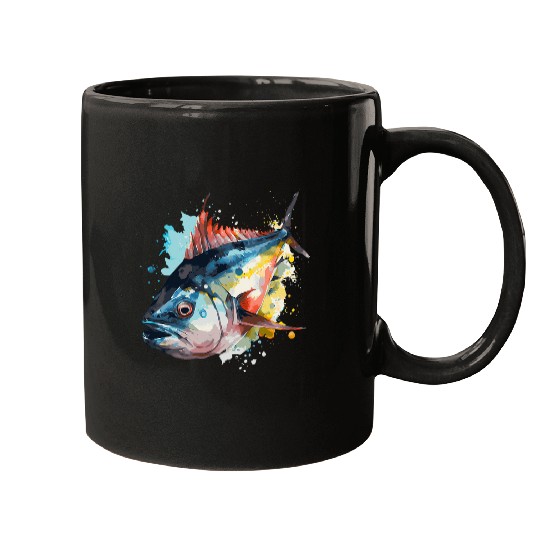 Fishing Fun Watercolor Tuna Fish Colorful Fisherman Fishing Mugs