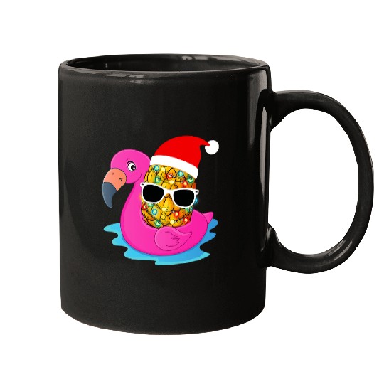Flamingo Pet Hawaiian Christmas in July Flamingo pineapples Santas Hat Mugs