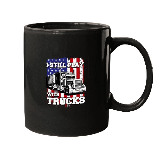 Truck Fun Semi Truck Driver US American Flag 18 Wheeler Trucker Mugs