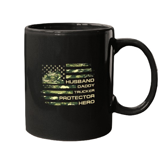 Truck Fun Mens Husband Daddy Trucker Protector Hero American Camo Flag Mugs