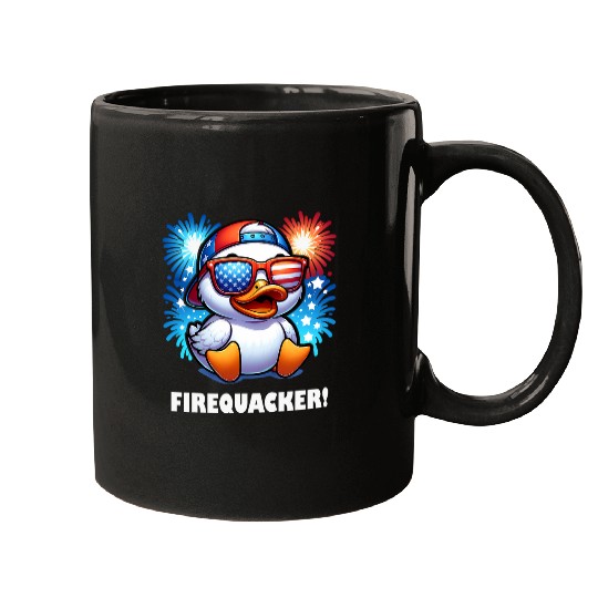 Duck Pet 4th of July Firequacker Duck American Flag Fireworks Graphic Mugs