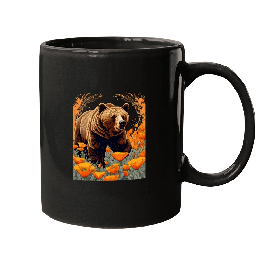 Bear Pet Bear Plodding Through Orange Californian Poppies Mugs