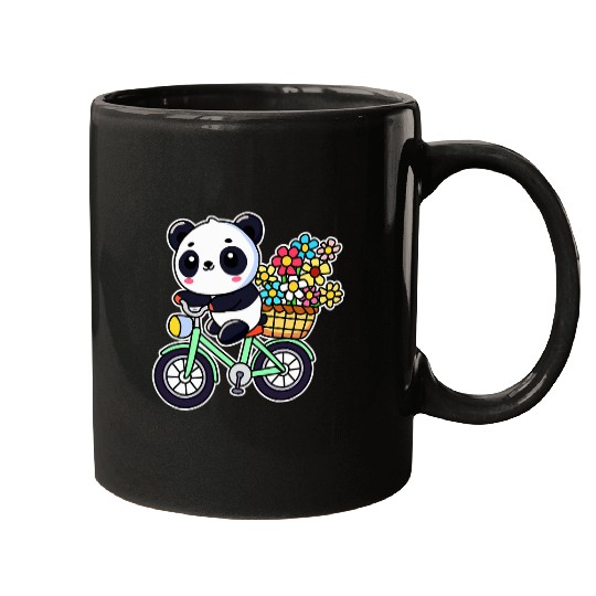 Panda Pet Riding a Bike with Flower Basket Cute Cyclist Mugs