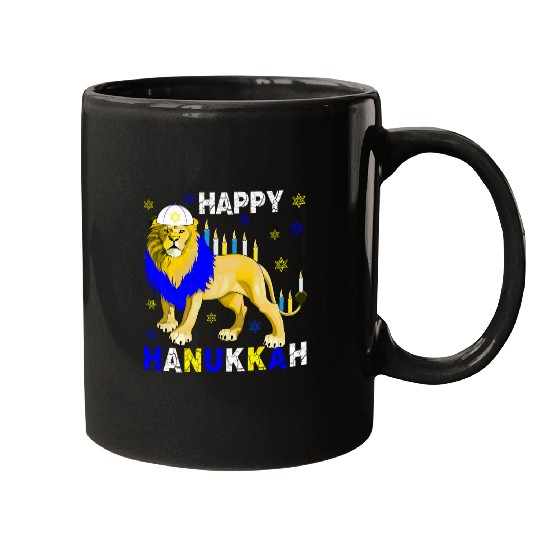 Lion Pet Happy Hanukkah Menorah Lion Wearing Jewish Hat Lover Mugs