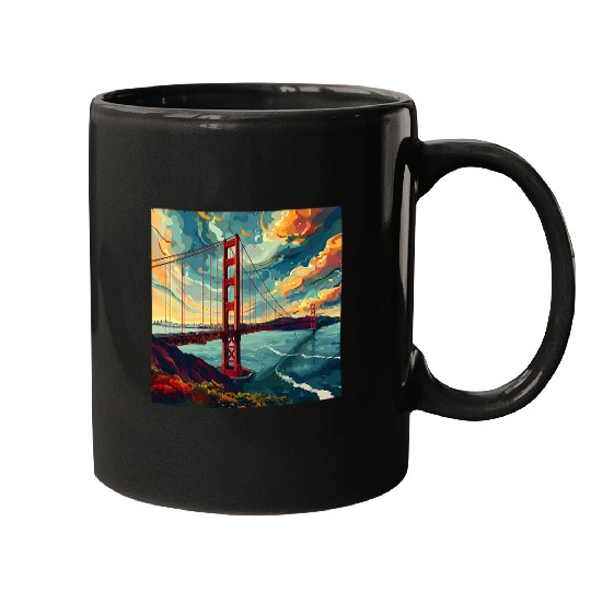 Golden Gate Bridge Sky Colorful Illustration Graphic Mugs