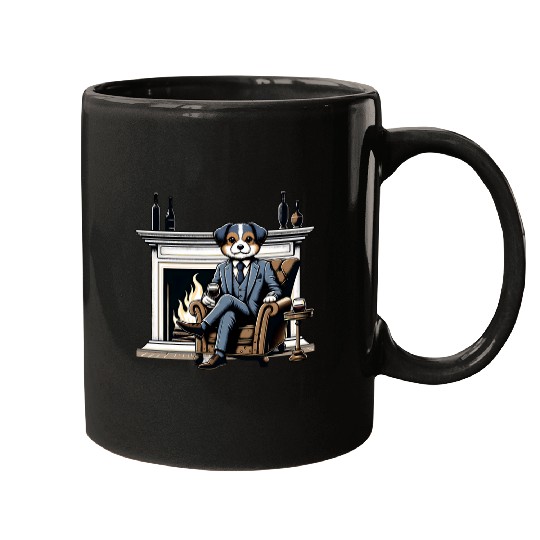 Wines Fun Dog In Suit Enjoying Wines By Fireplace For Animal Lovers Mugs