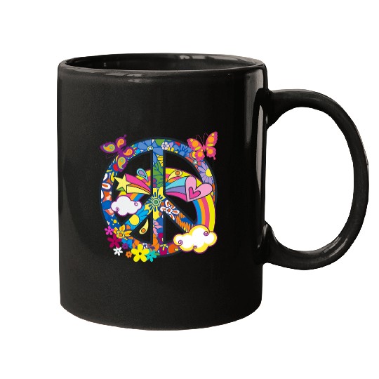 Groovy Hippie Peace Sign Colorful 70s Flowers Butterflies Mugs