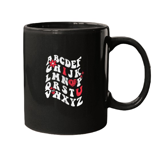 Retro Groovy ABC Alphabet I Love You Teacher Valentines Day Mugs