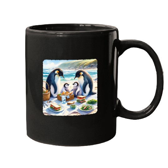 Penguin Pet Family Picnic On Sunny Beach With Food Parents Mugs