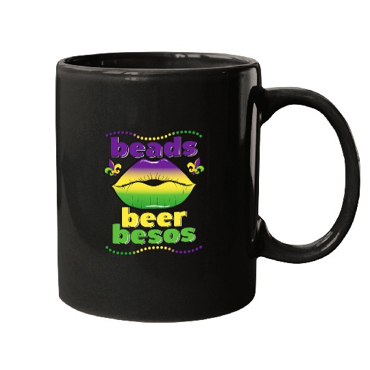 Beer Fun Beer Beads Besos Mardi Gras Purple Green Yellow Lips Mugs