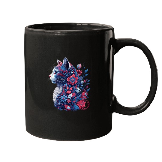 Cat Flowers Red White and Blue 4th of July Patriotic Mugs
