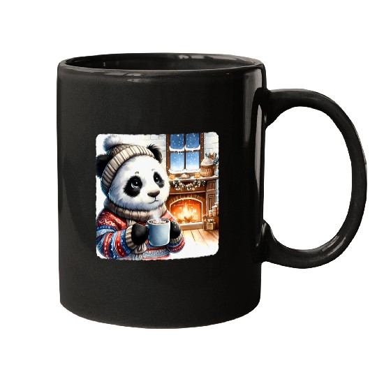 Panda Pet In Cozy Sweater Drinking Hot Cocoa By Fireplace Snow Mugs
