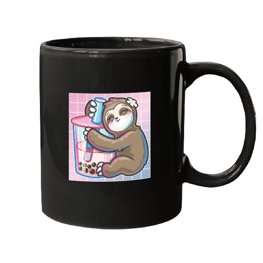 Sloth Pet Cute vaporwave art kawaii hugging sloth boba milk tea Mugs