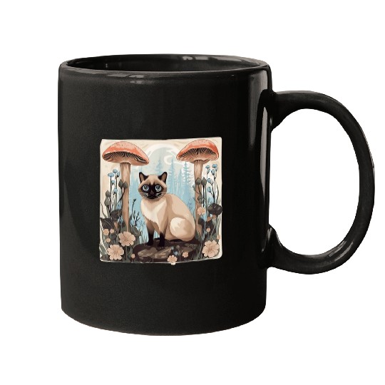 Cottagecore Flower And Mushroom Hat Garden With Siamese Cat Mugs